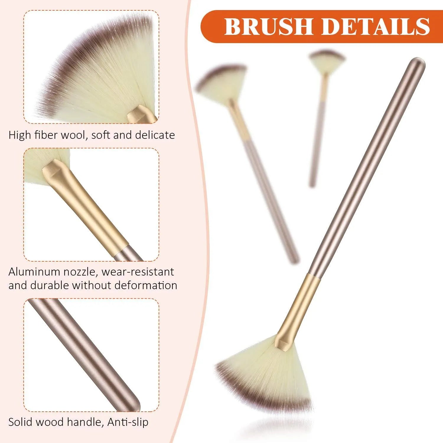 Set of 10 professional fan makeup brushes with champagne handles and protective covers.