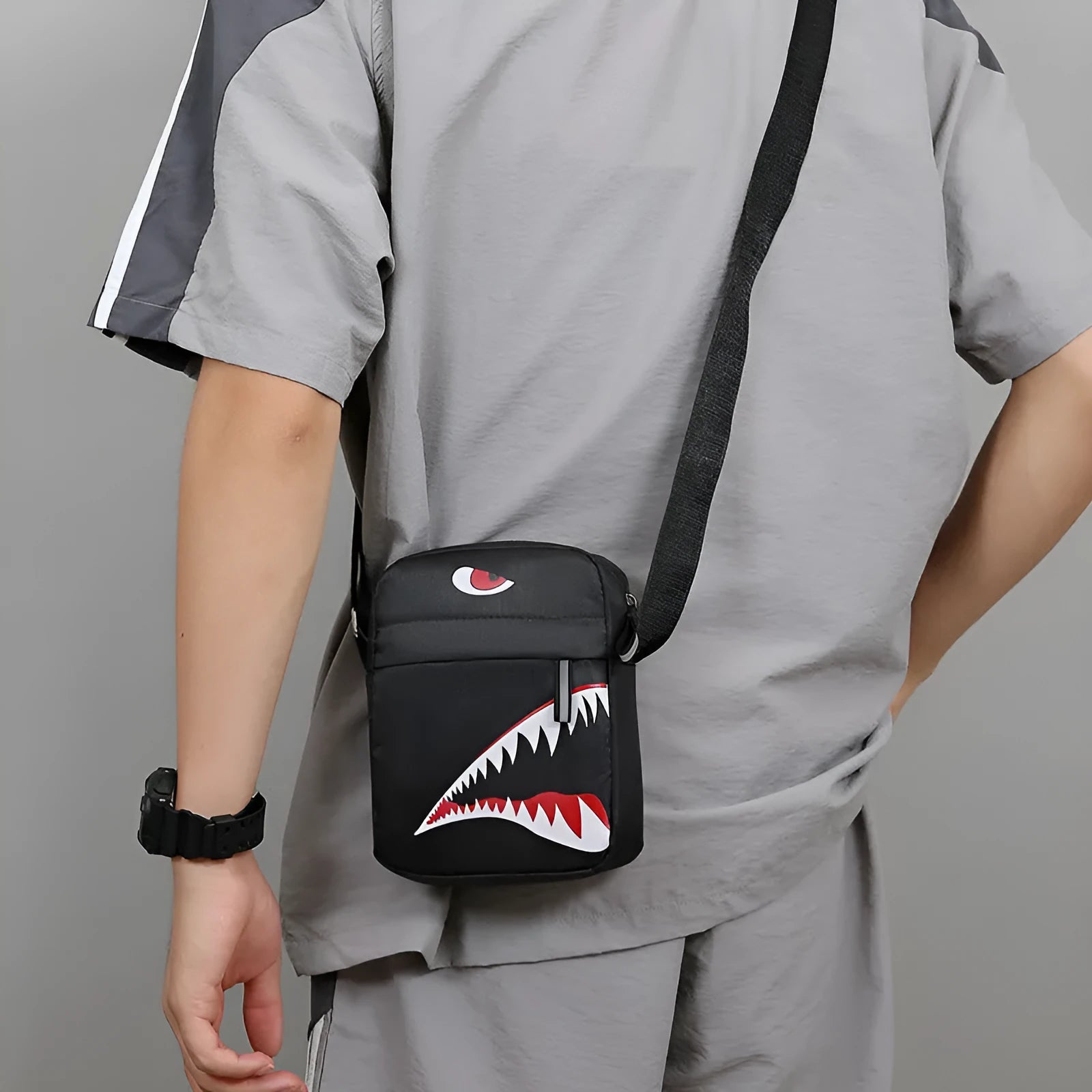Men's small Oxford cloth crossbody bag with animal print pattern and adjustable shoulder strap