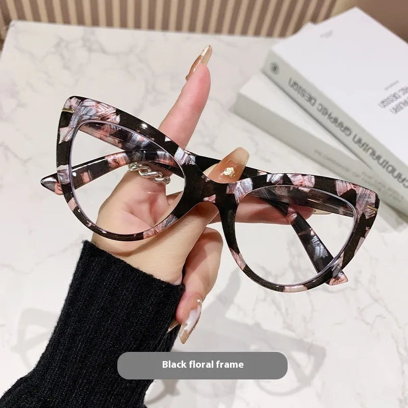 Women's large cat's eye reading glasses with dragon and phoenix decorations on frame in available colours