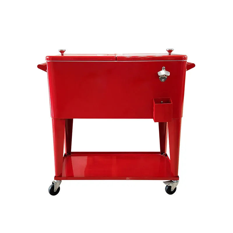 Red outdoor metal insulated cart with wheels, shown as a portable cooler or ice bucket.