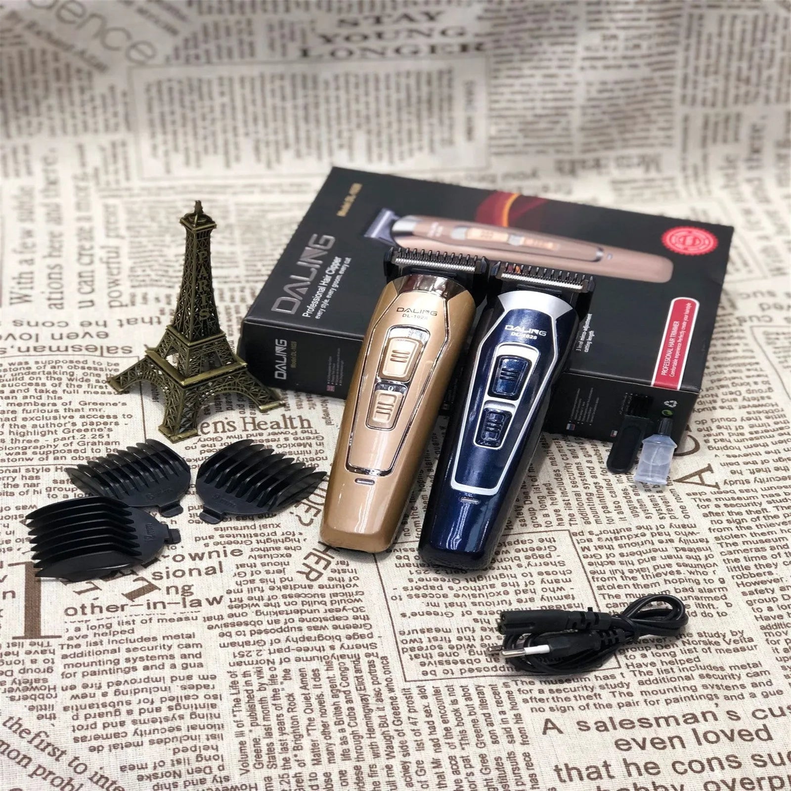 Dark blue electric hair clipper with rechargeable battery and stainless steel cutting blades