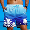 Man wearing loose blue board shorts-style swimming trunks on a beach.