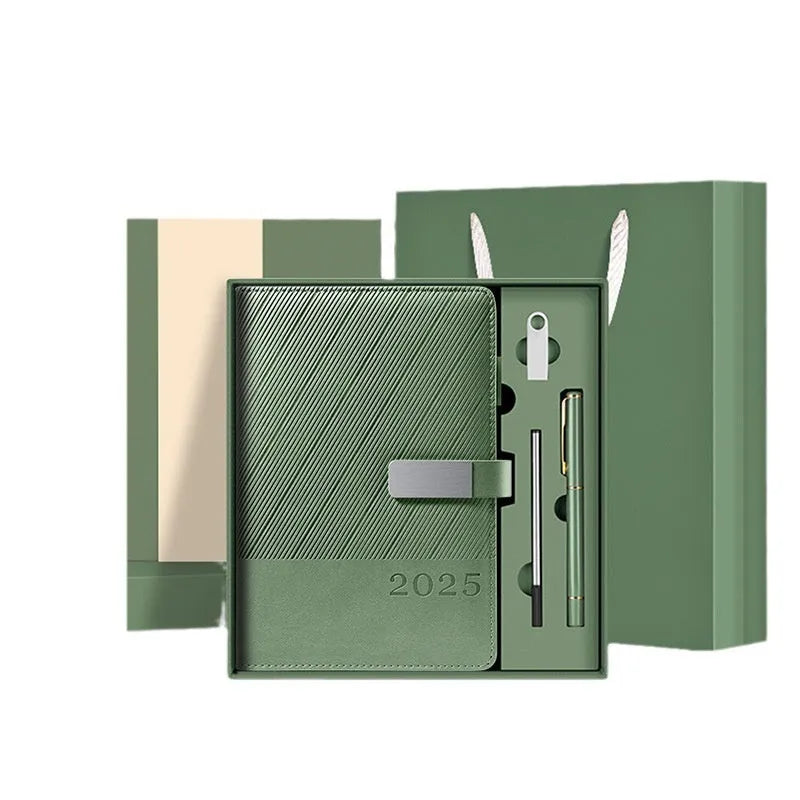 A4 striped PU leather business notepad open showing 80g wood-free paper
