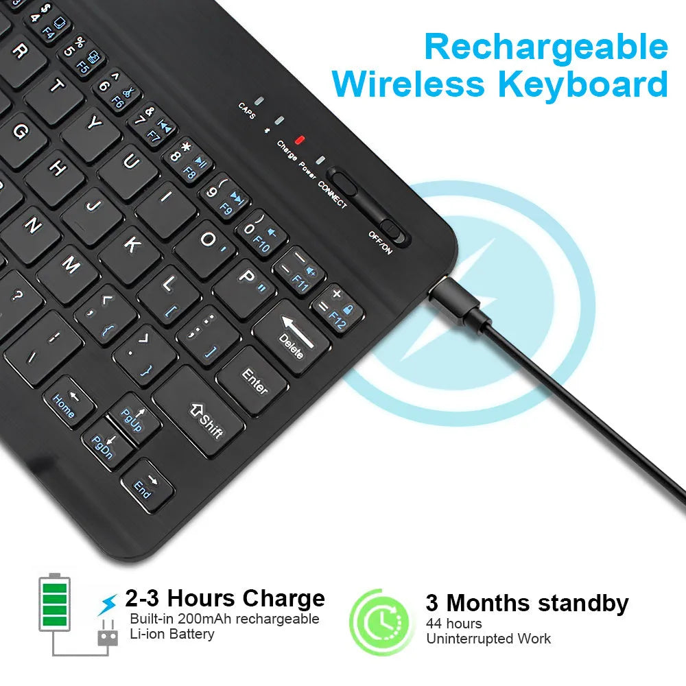 Black mini Bluetooth wireless keyboard next to 10-inch tablet showing wireless connection