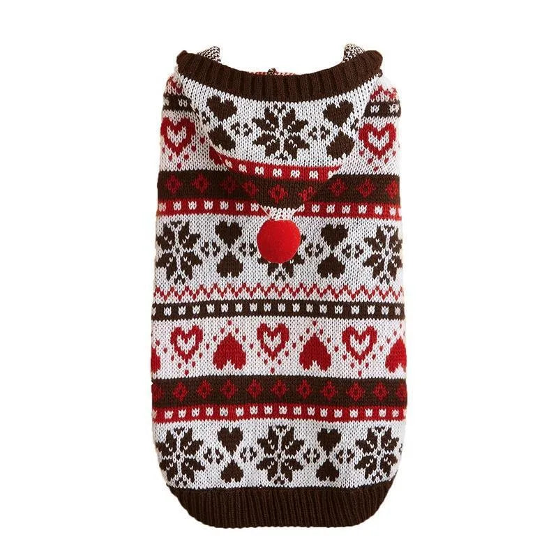 Pink, blue, and grey striped camouflage pattern acrylic knitted dog jumper on a small dog.