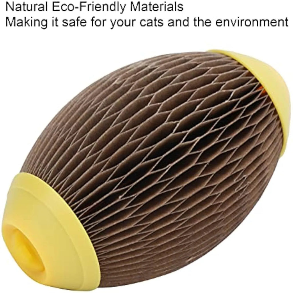 Ellipse-shaped corrugated paper catnip ball scratch toy for cats on a plain background