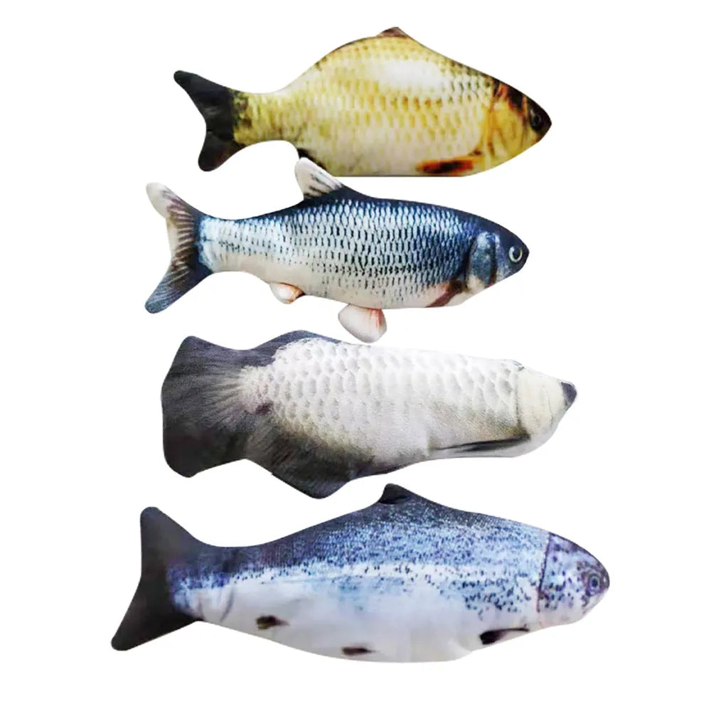 Electric jumping fish simulation cat toy showing multicolor options and USB charging cable.