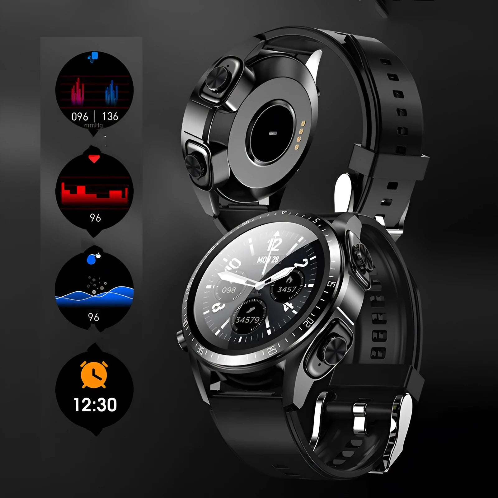 Black smart watch with blood pressure monitoring on a silicone strap, showing 1.28-inch touchscreen
