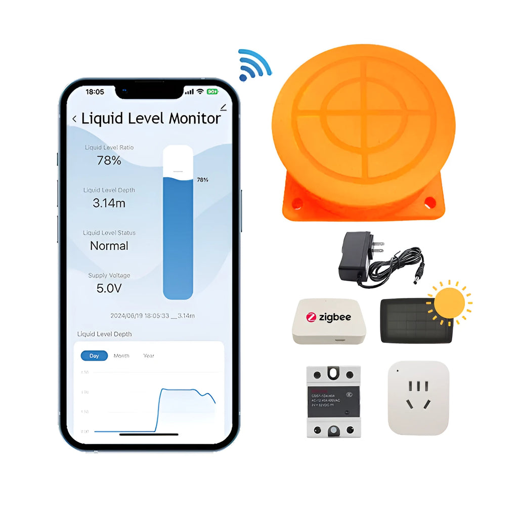 Wireless fluid level monitor with Tuya SmartLife app control for remote water and oil tank monitoring