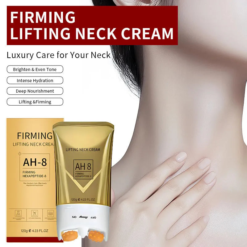 Neck cream container with built-in massaging roller applicator showing 120g size
