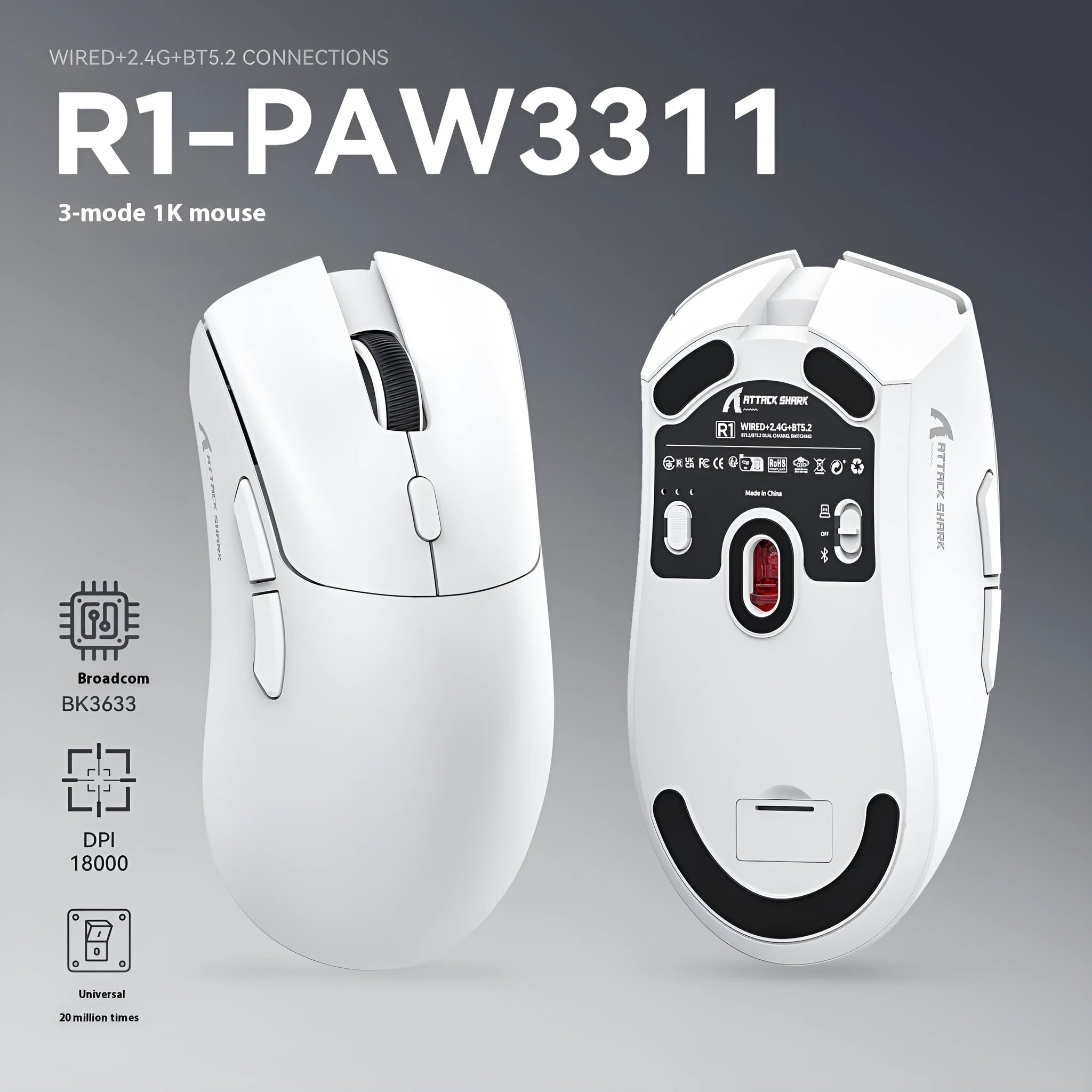 Attack Shark wireless three-mode mouse in black red or white for gaming and office