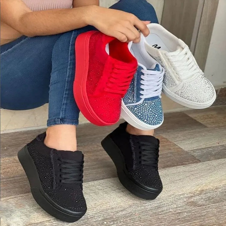 Plus size women's black lace-up casual shoes with rhinestone decoration and thick rubber soles