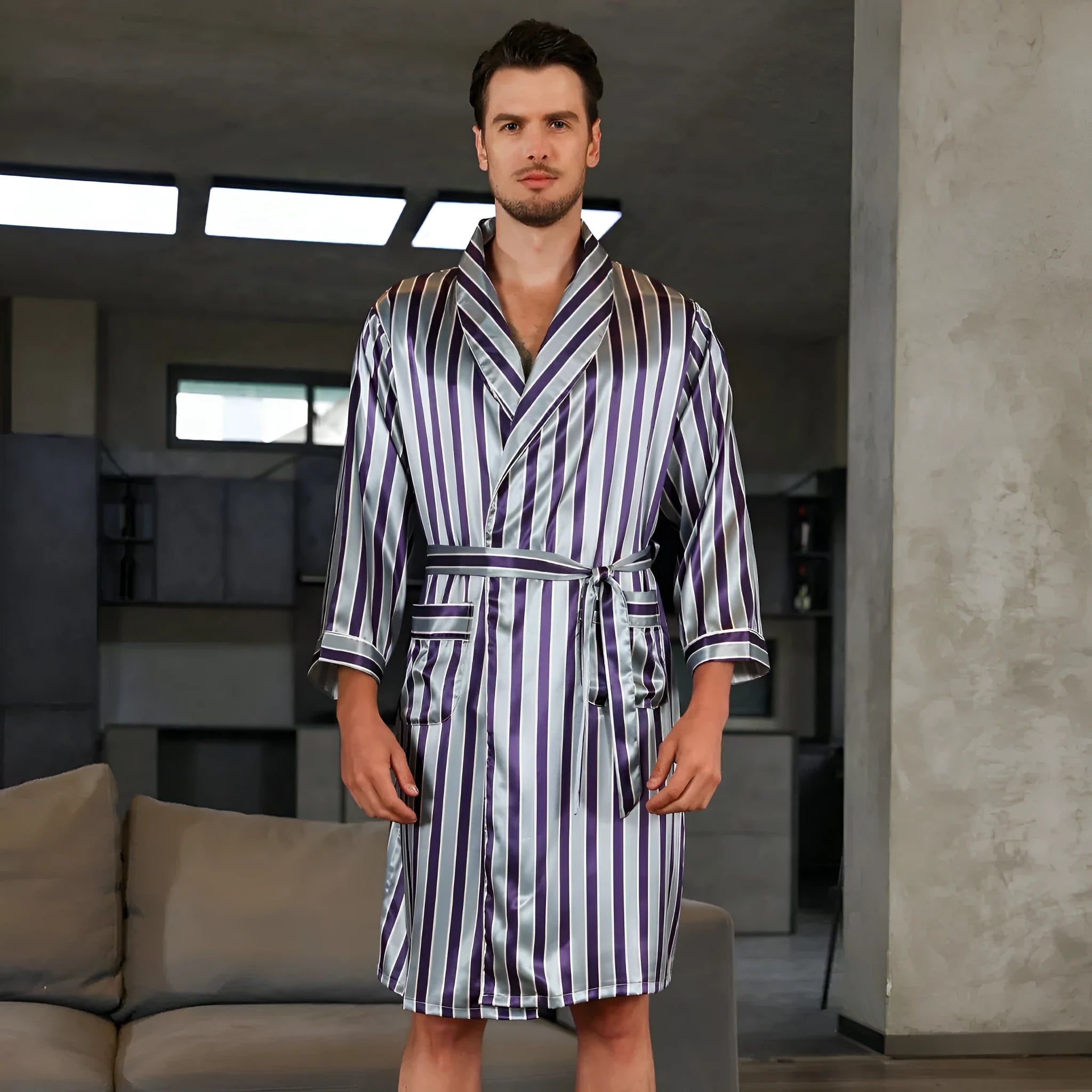 Men's lightweight rayon bathrobe for summer in various colour options showing simple construction