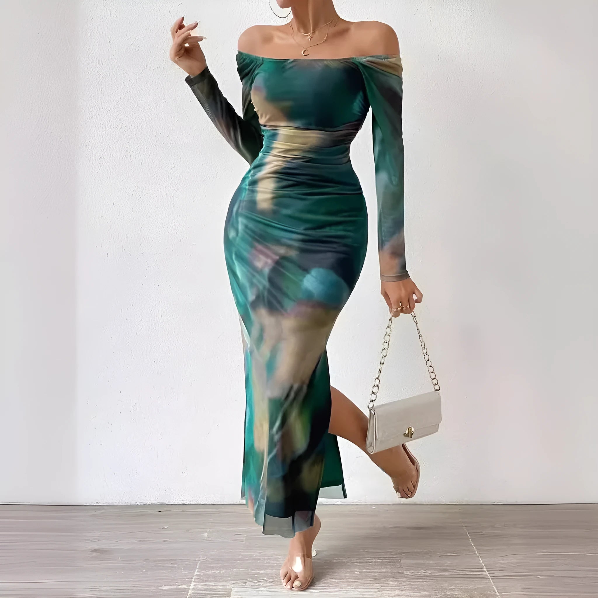 Women's green printed pleated mesh fishtail dress with square collar and thigh split