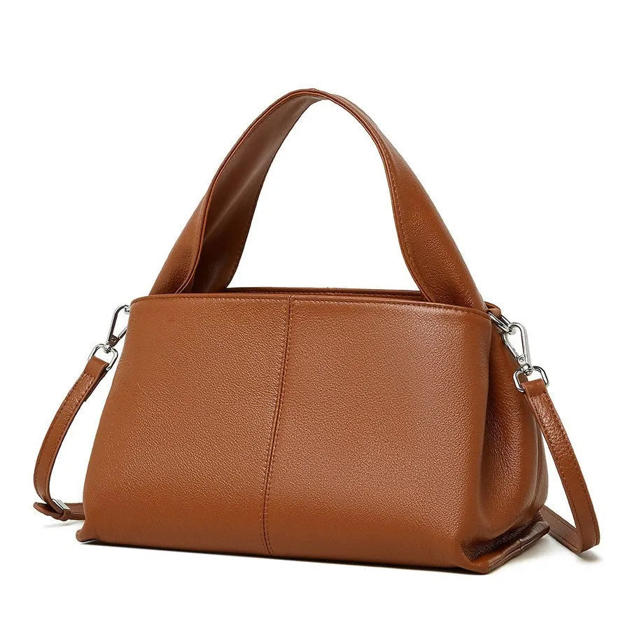 Genuine cowhide leather women's messenger bag in solid colour with double shoulder straps