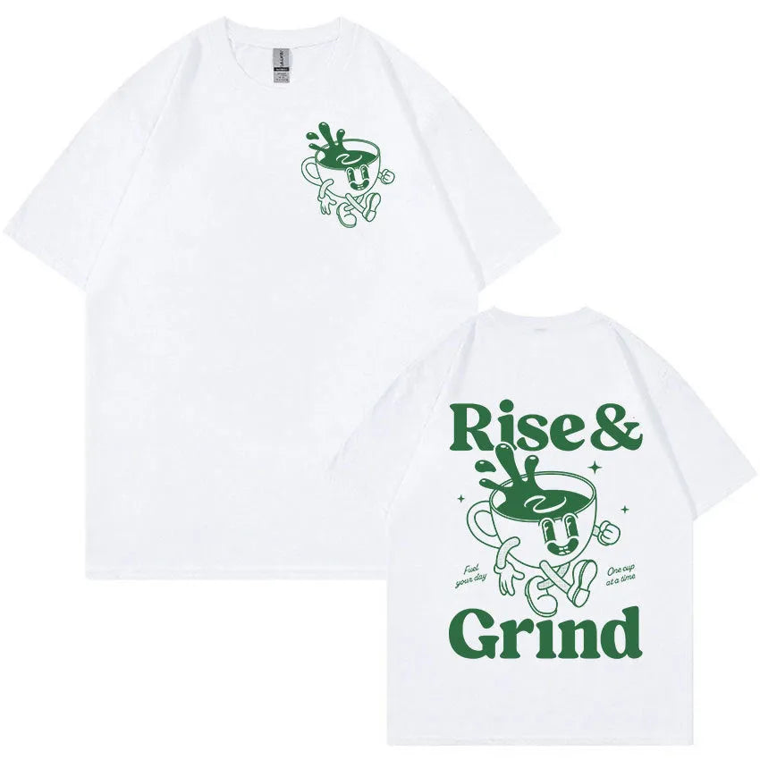Loose-fit men's t-shirt with 'Rise and Grind' green coffee cartoon graphic in linen blend fabric