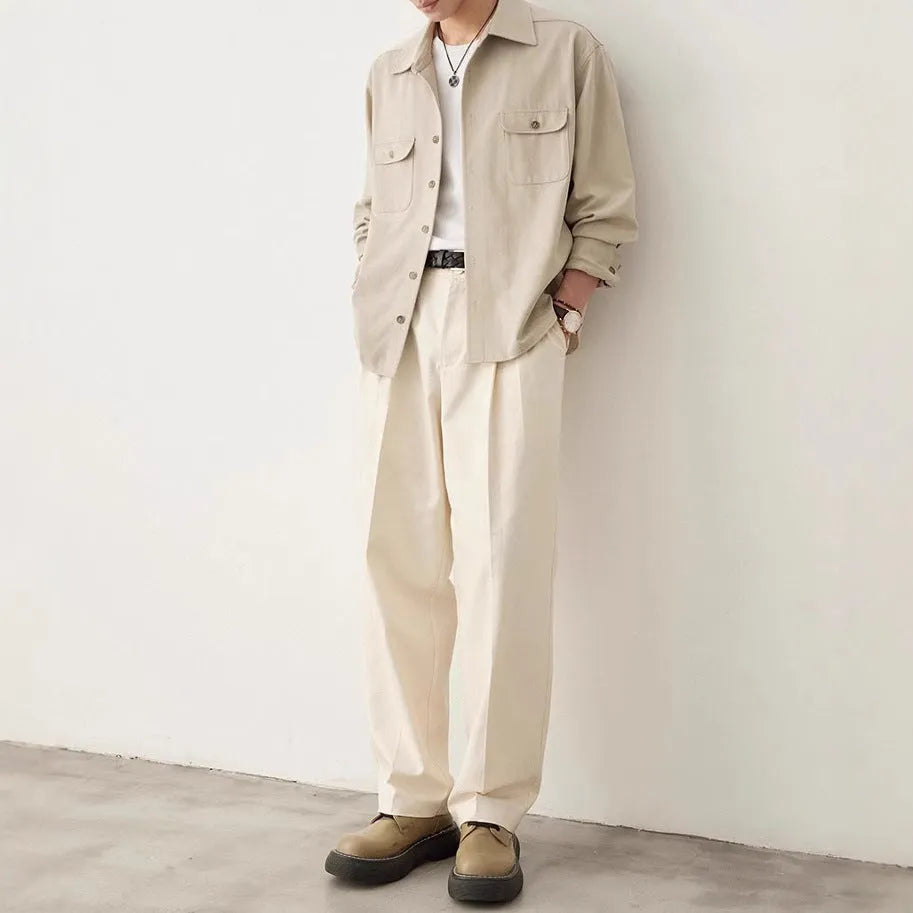 Men's cotton blend shirt with lapel collar in light sand rice and nautilidae colours, showing long sleeves