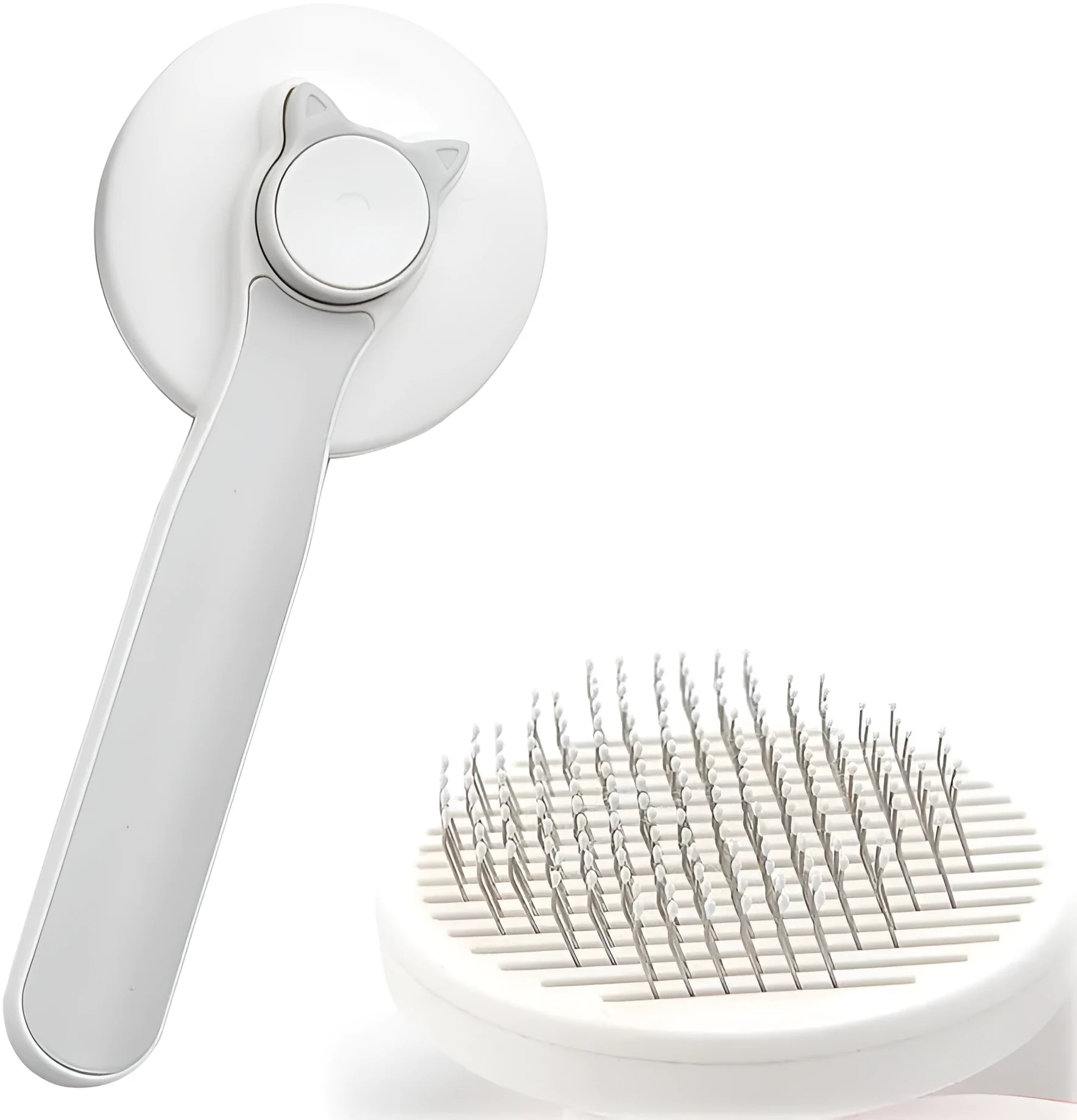 Blue self-cleaning cat brush with massage needles and rubber handle for pet grooming