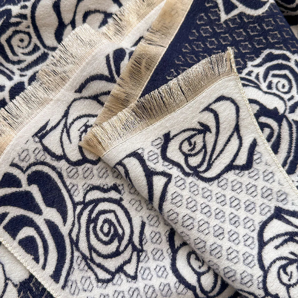 Long grey imitation cashmere scarf with tassels laid flat to show 185cm length.