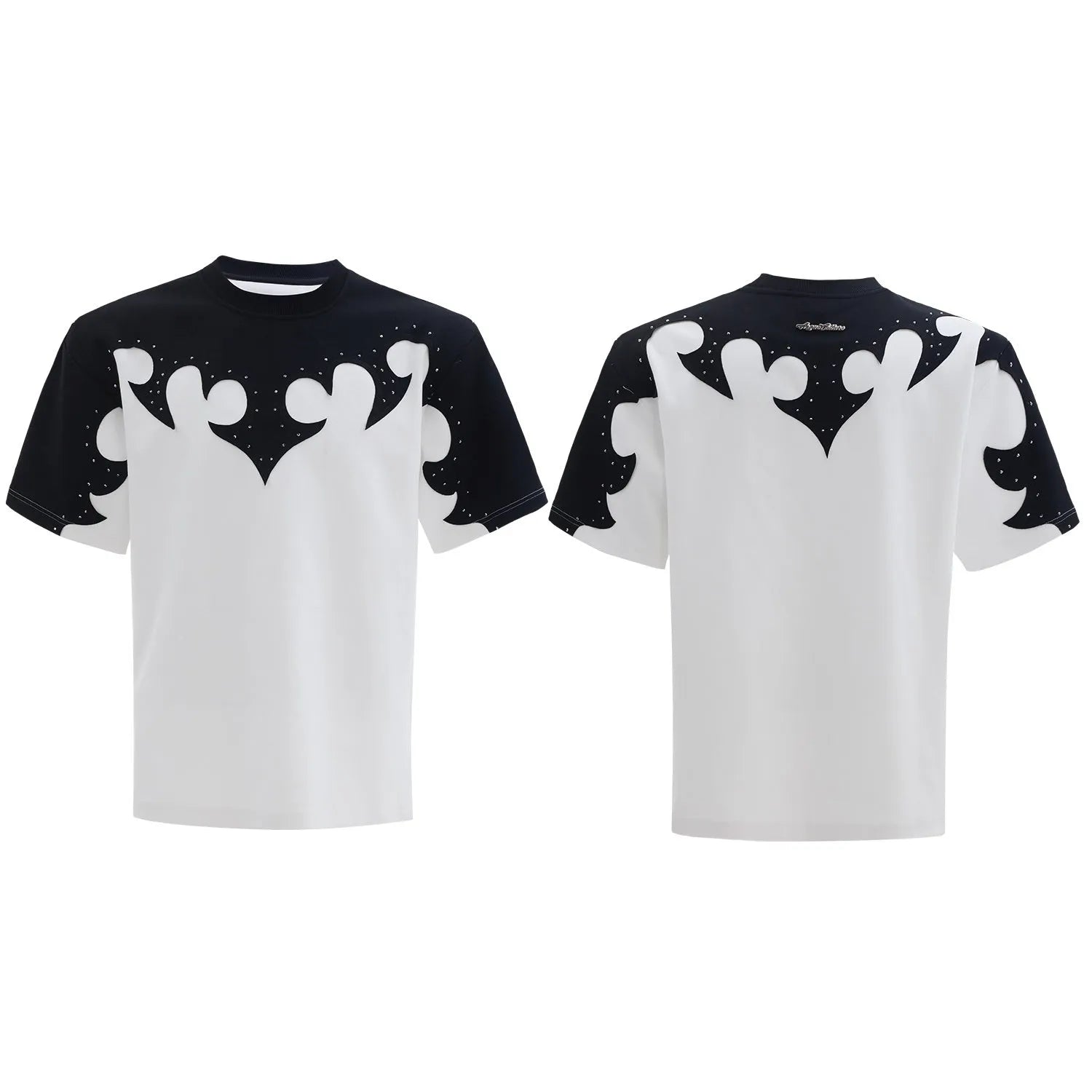 Men's red cotton t-shirt with 3D embroidered flower pattern and rhinestone details, loose drop-shoulder fit.