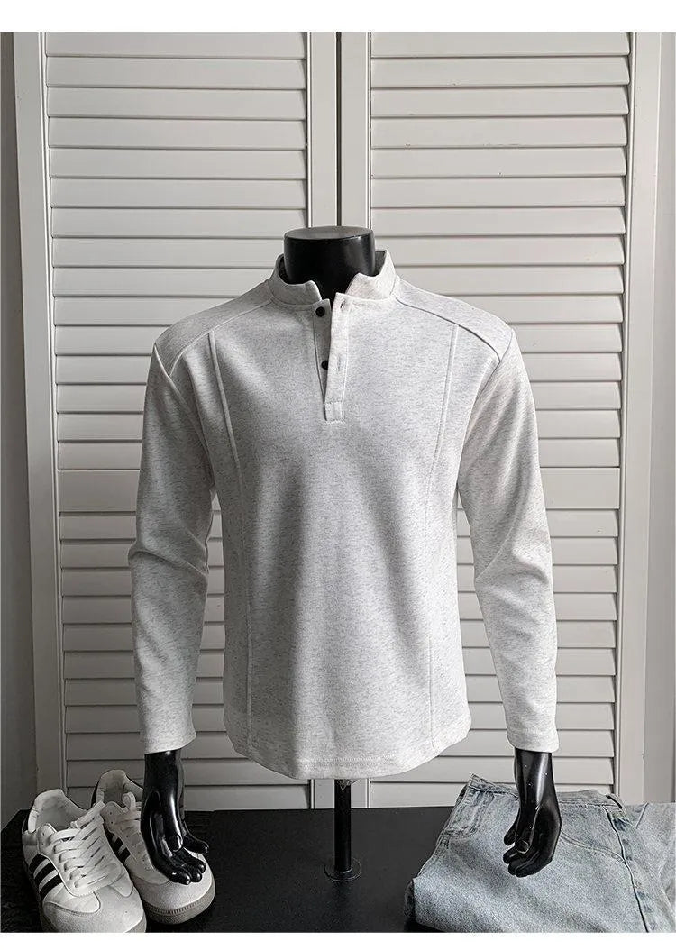 Men's loose fit asymmetric patchwork polo shirt with stand-up collar in heather gray.