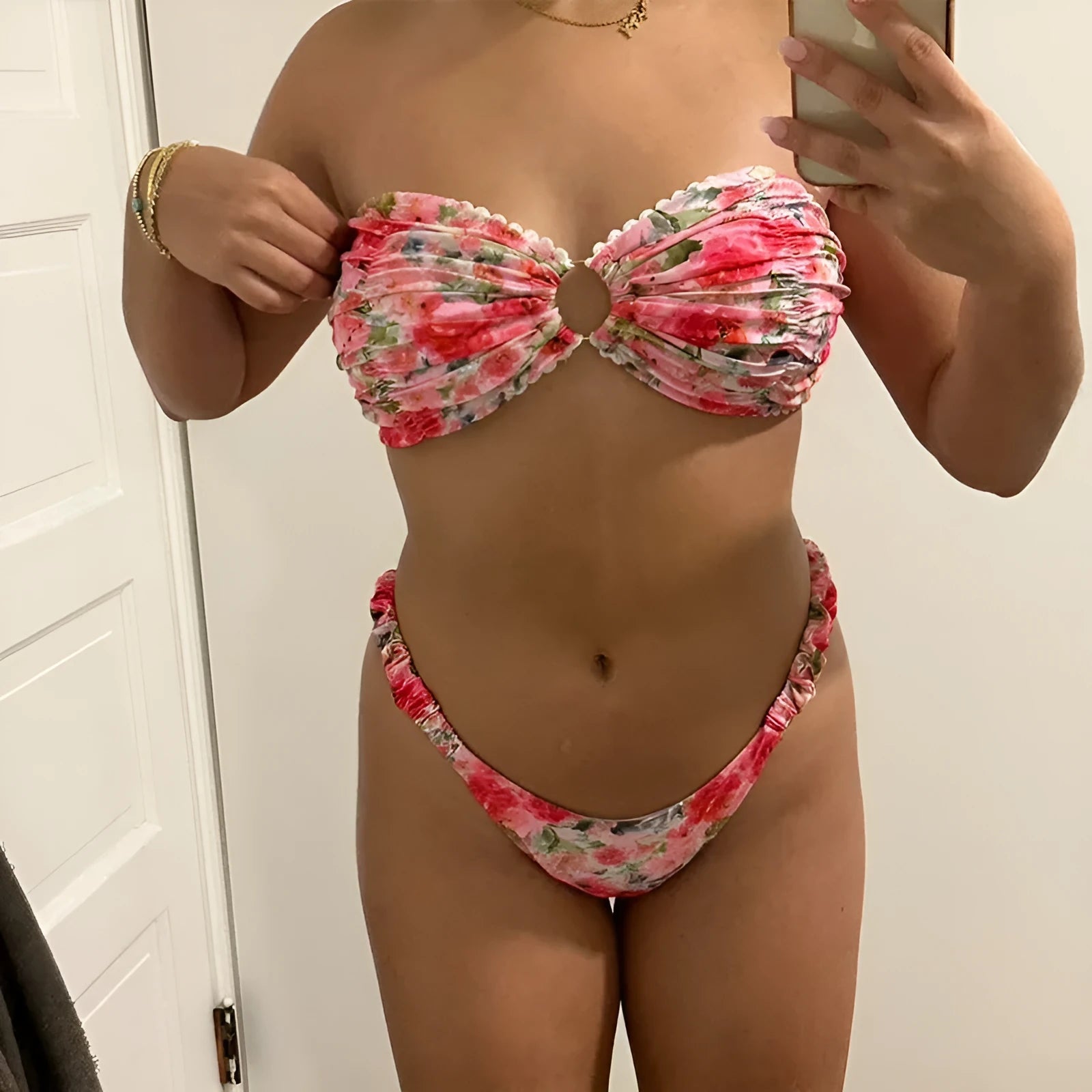 European and American style printed tube top bikini set with lace detailing and floral patterns