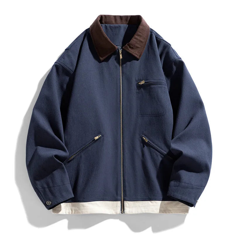 Men's American retro workwear jacket with contrast colour lapels, loose fit autumn styling