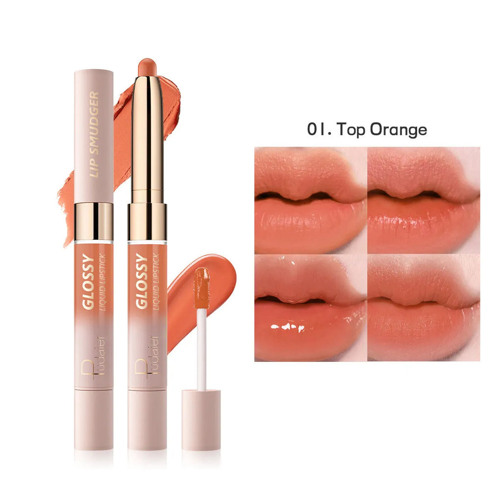 Double-headed lipstick showing matte finish on one end and matching gloss on the other
