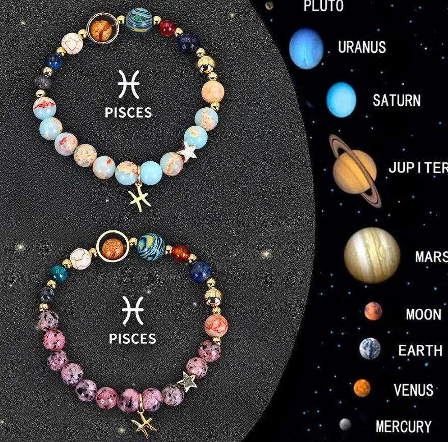 Two natural stone beaded bracelets showing zodiac sign designs for all twelve astrological symbols