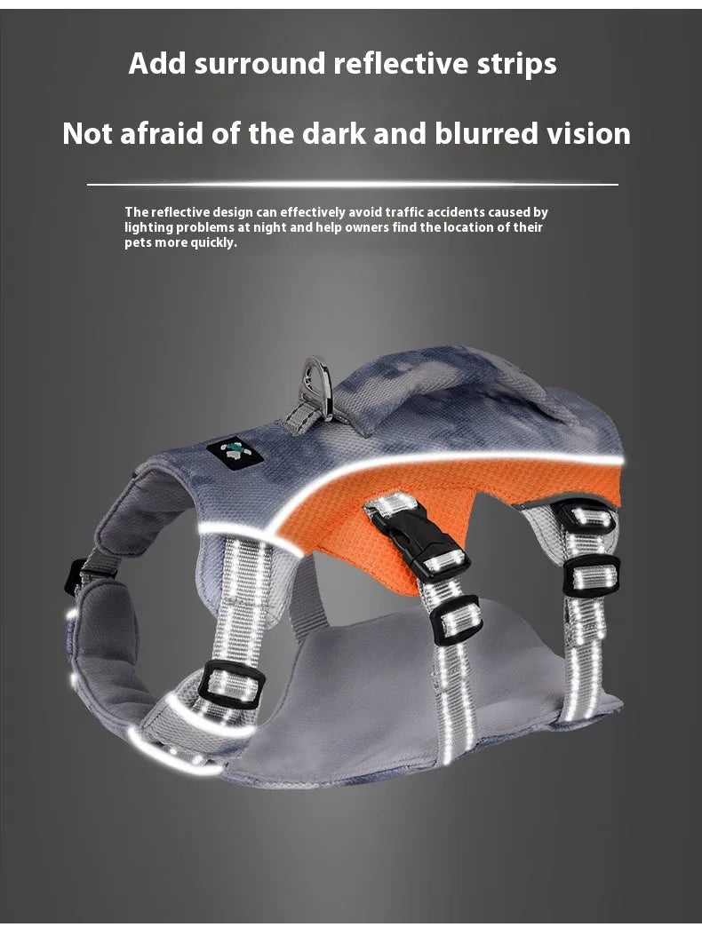 Reflective blue polyester chest strap harness for dogs on a lead, showing adjustable fit.