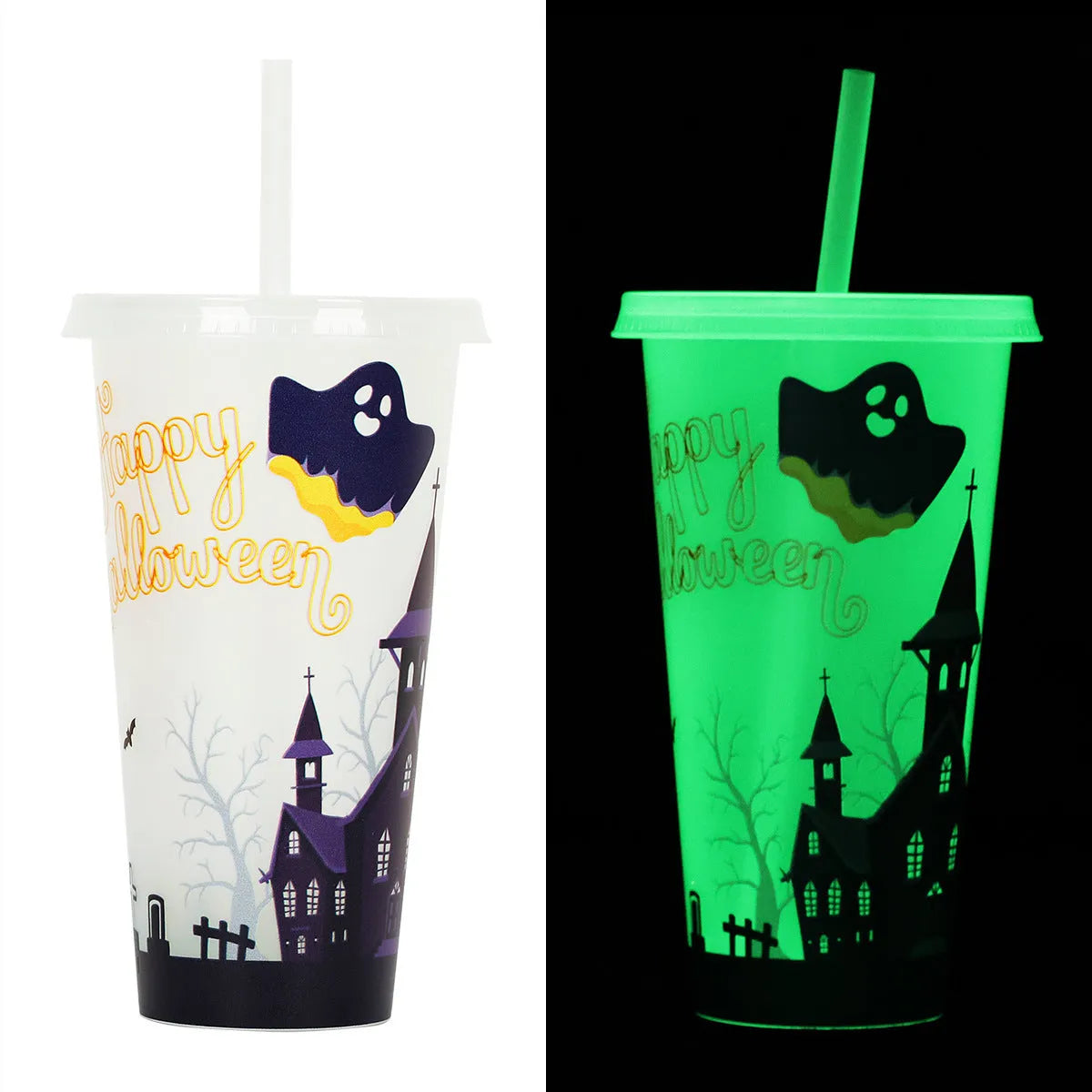 Halloween-themed plastic sippy cup with luminous straw showing six colour options