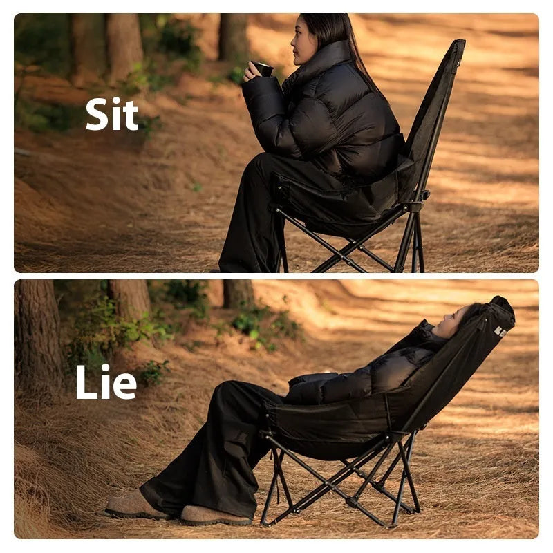 Night Black Oxford cloth camping moon chair folded and unfolded showing portable design