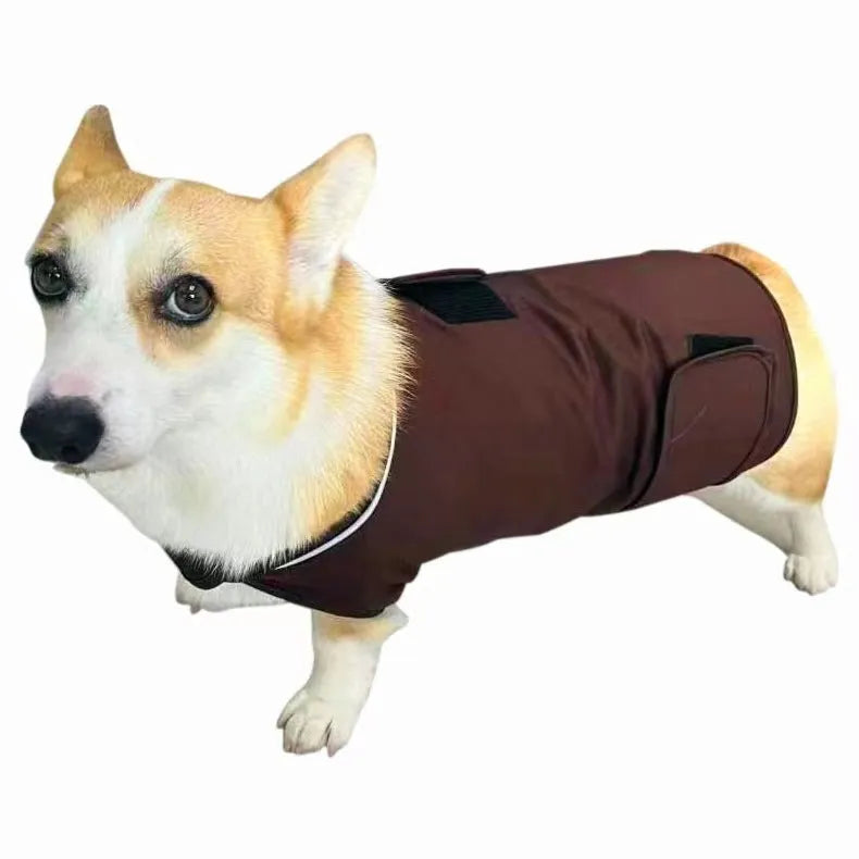 Dog wearing brocade cotton ponte de roma calming vest for separation anxiety in tank top style