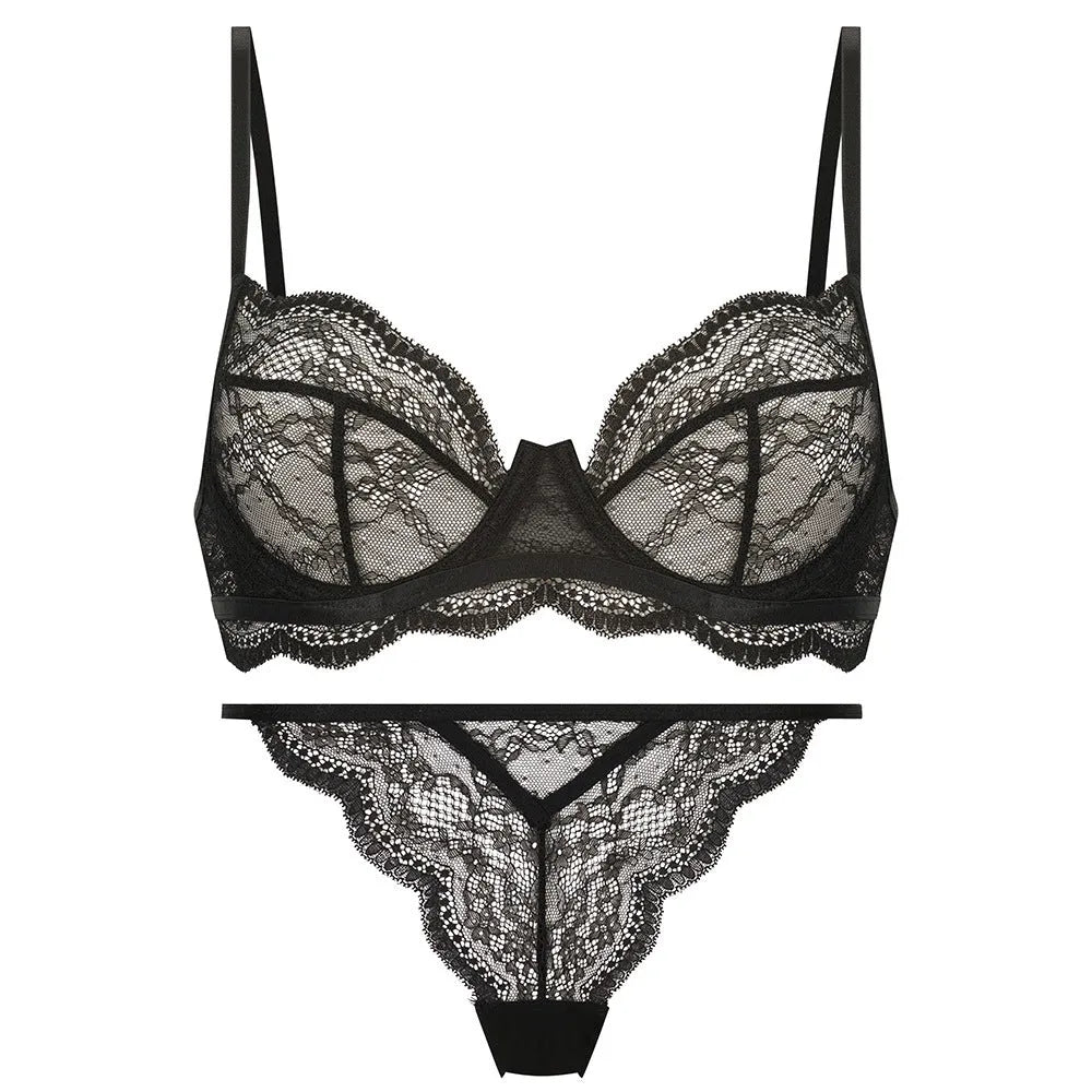 Women's black nylon French bra bikini set with fixed double shoulder straps.
