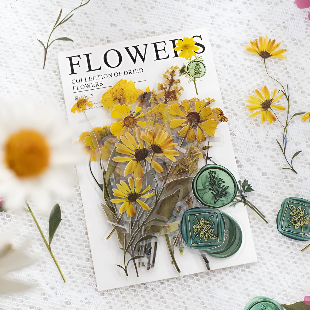 Package of 40 square dried flowers art sticker sheets in eight colour themes on a PET material base.