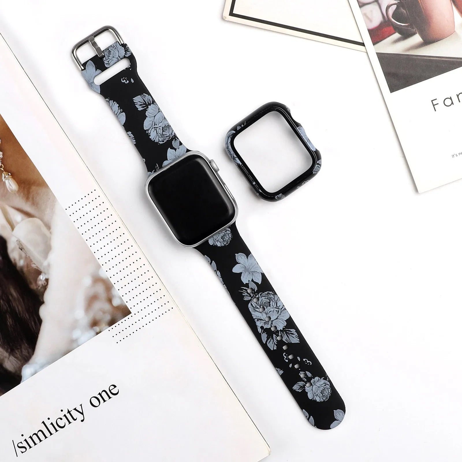 Printed silicone watch strap for Apple Watch showing various design options