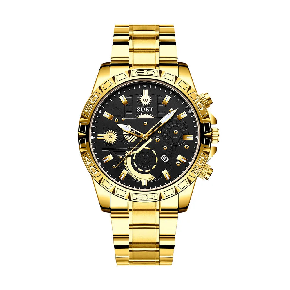 Men's gold business quartz watch with stainless steel bracelet and calendar function