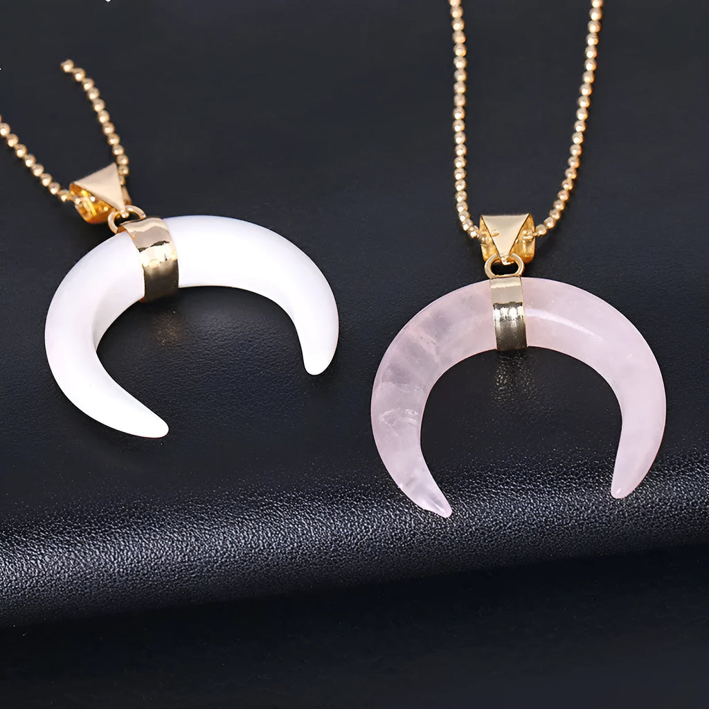 Natural stone moon pendant necklace with copper electroplated chain in pink or purple crystal