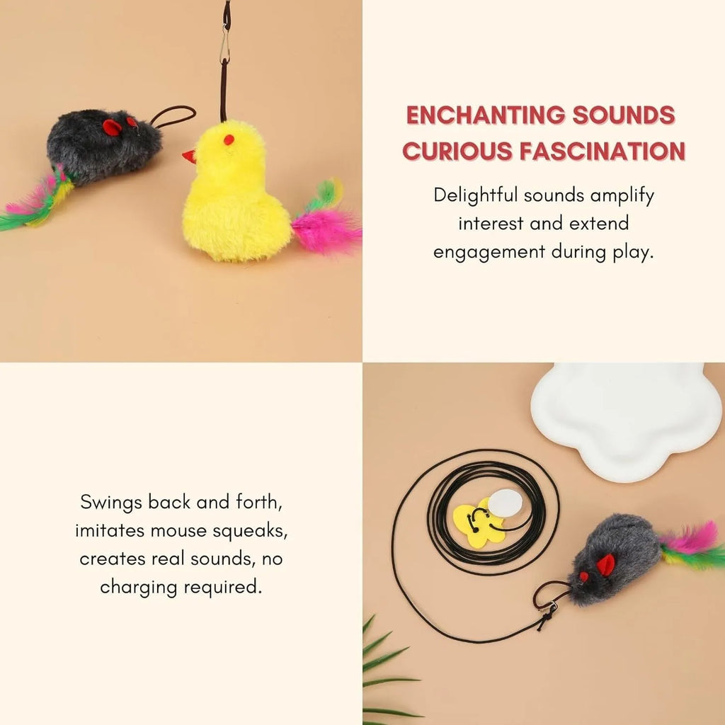 Gray and yellow hanging interactive cat toy with treat dispenser extended on elastic rope