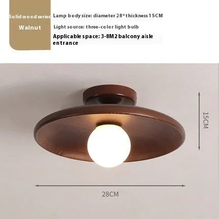 Modern solid wood and glass ceiling lamp in walnut colour showing three size options.