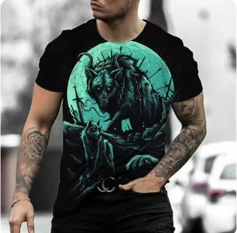 Man wearing a short-sleeved grey t-shirt with a retro 3D graphic print of a wild animal on the front.