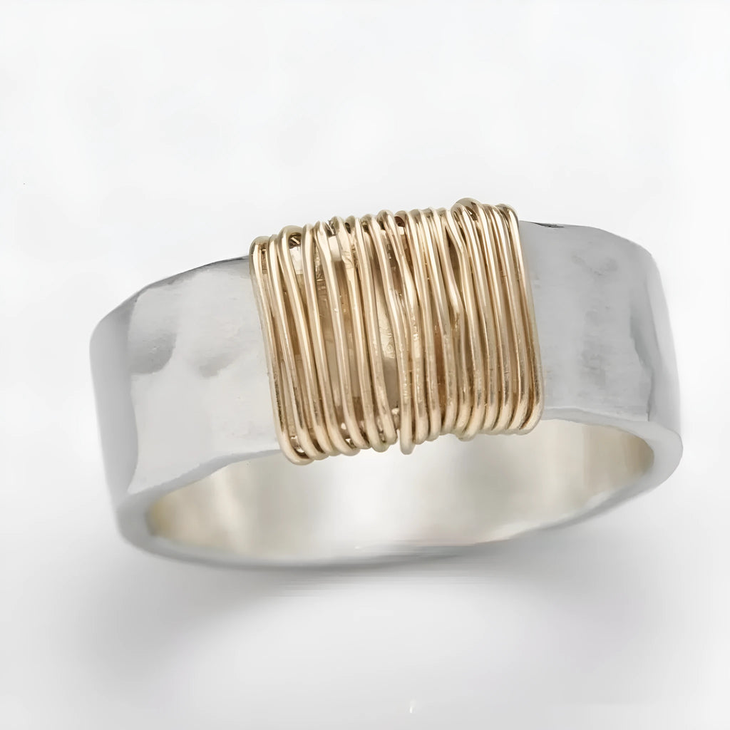 Copper simple bracelet with vintage ring irregular coil design in silver-gold colour