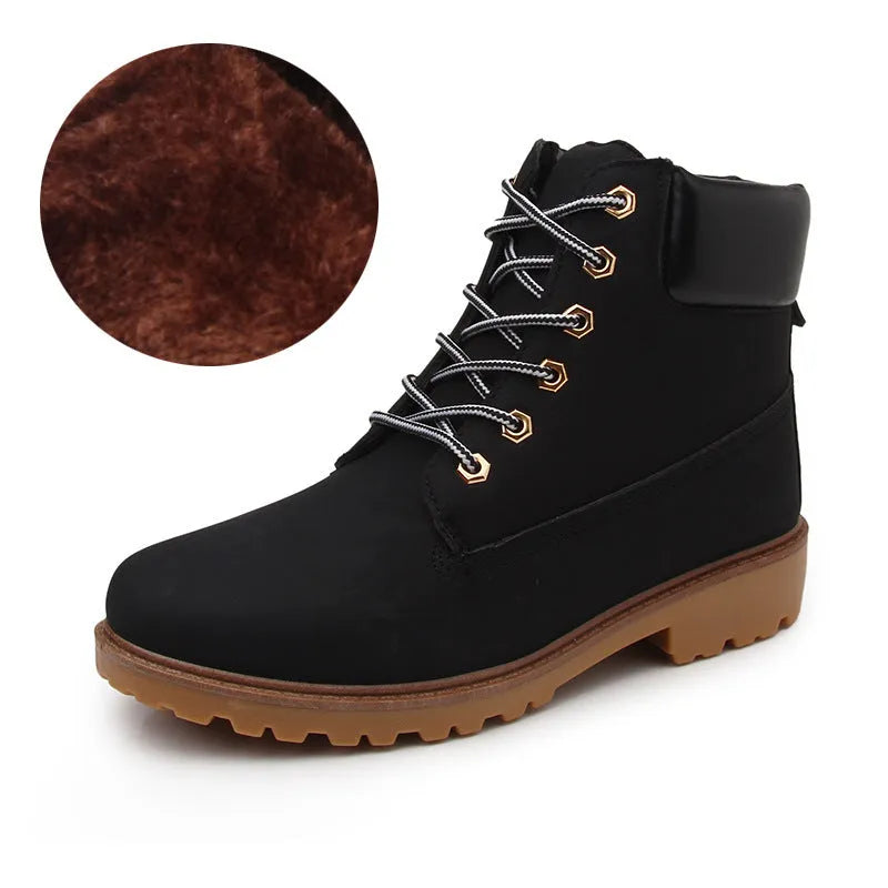 Pink men's high-top Martin boots with velvet lining, round toe, and front lace-up closure.