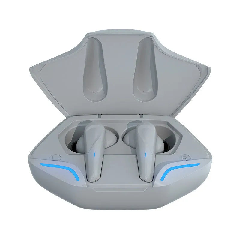 Wireless Bluetooth gaming headset with portable charging case in black, grey, white, or yellow colours.
