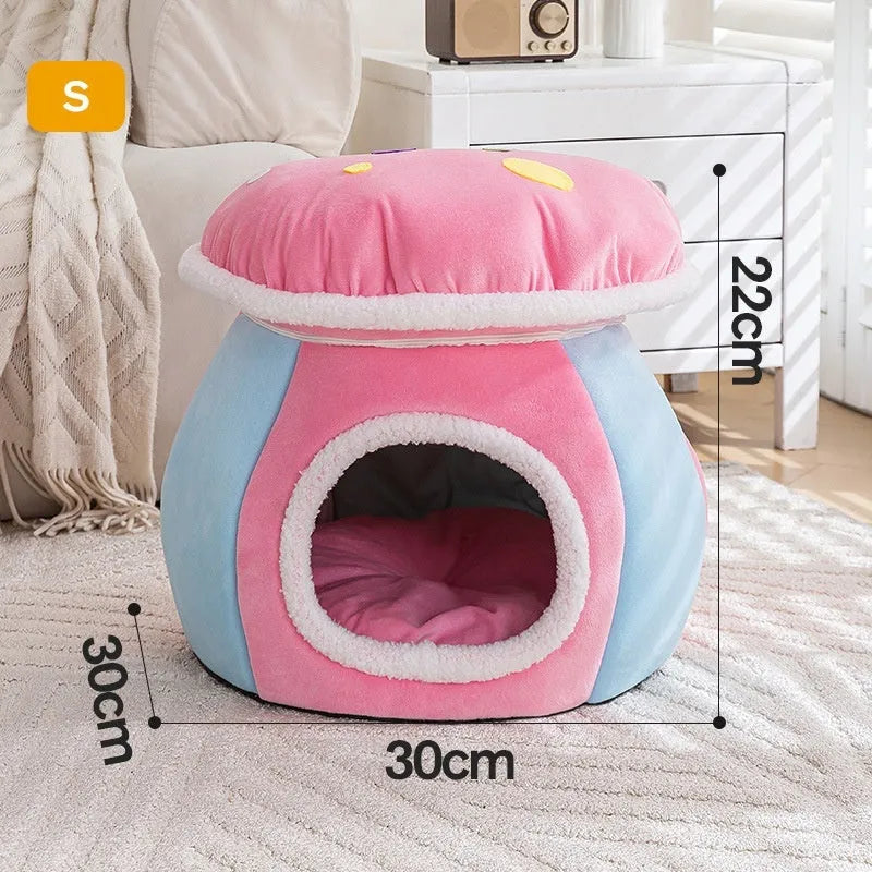 Grey mushroom-shaped hooded cat bed made of soft rabbit plush, shown with a cat inside.