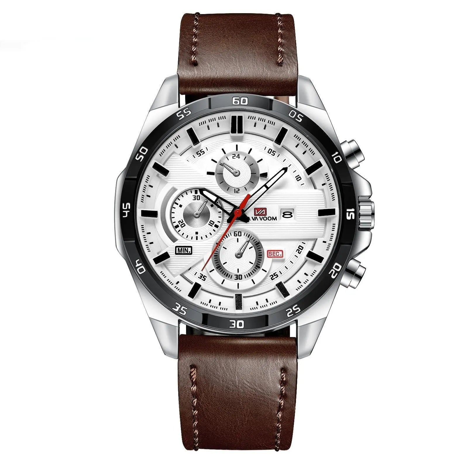 Men's casual quartz watch with business calendar on brown leather-look strap and white dial.
