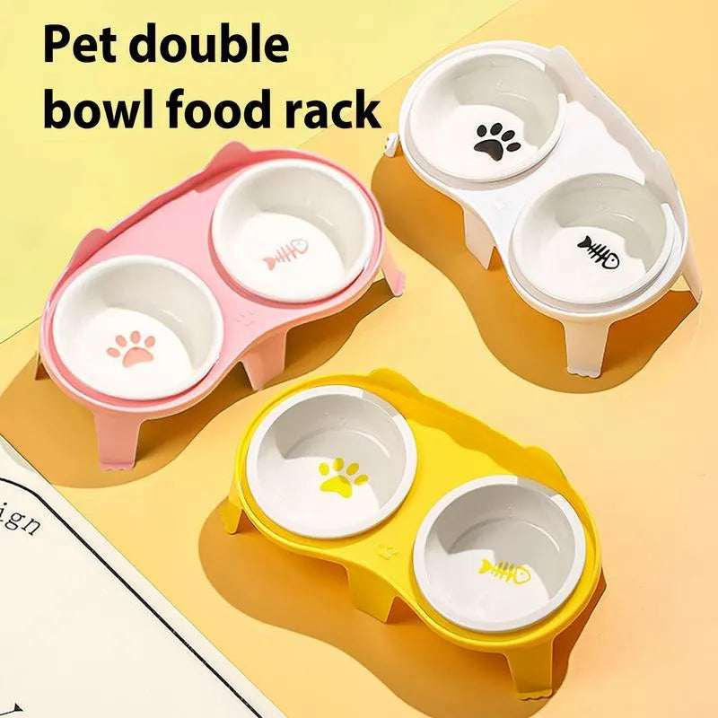 Ceramic cat food and water bowl set on elevated tilted ABS plastic stand in blue colour