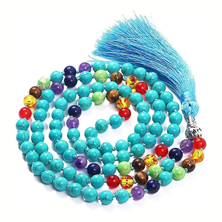 Long colourful agate and stone bead necklace with a geometric tassel, measuring 95-100cm