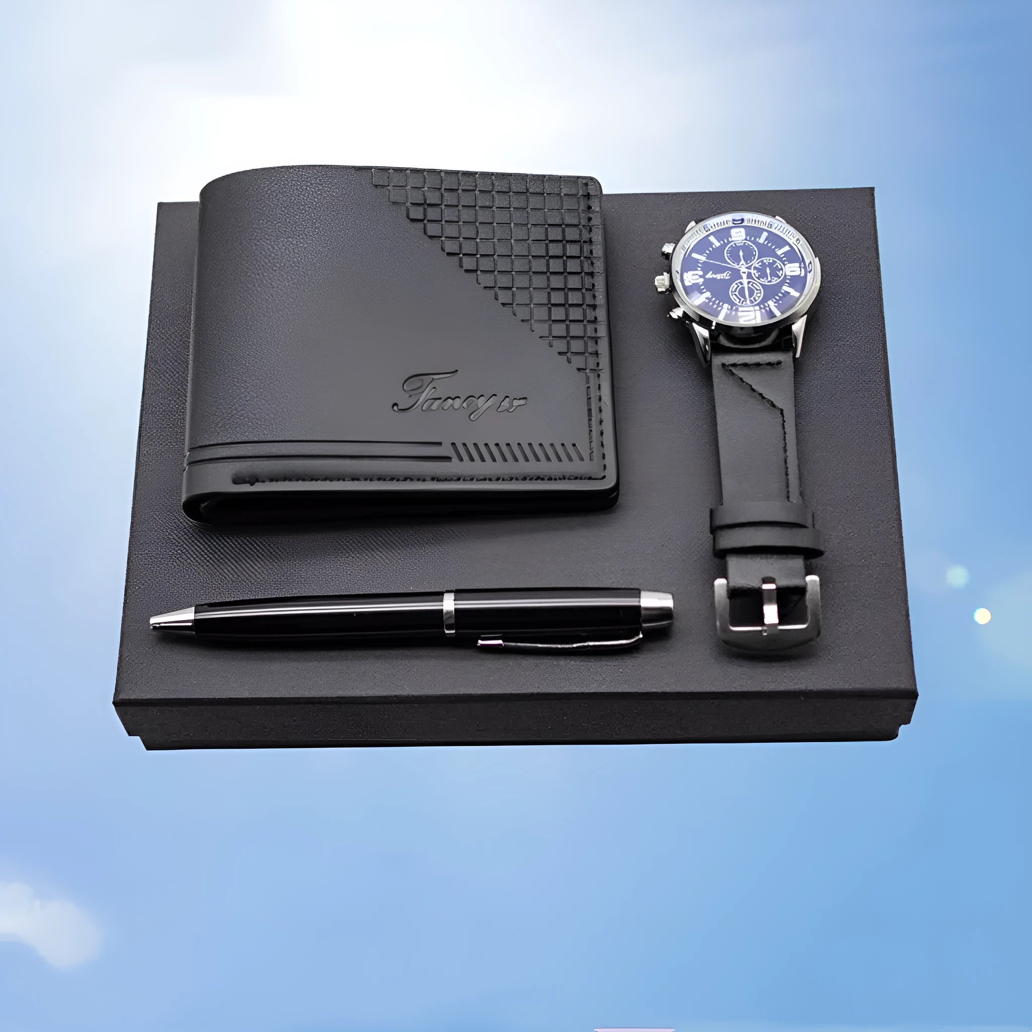 Business gifts set showing wallet, pen and watch in modern black presentation within OPP gift box