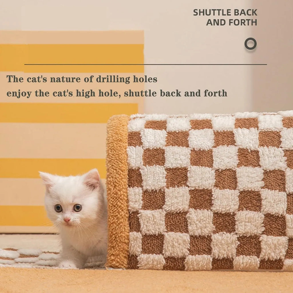 Brown plush plaid cat tunnel bed with central mat and zippered collapsible tunnel for indoor cats